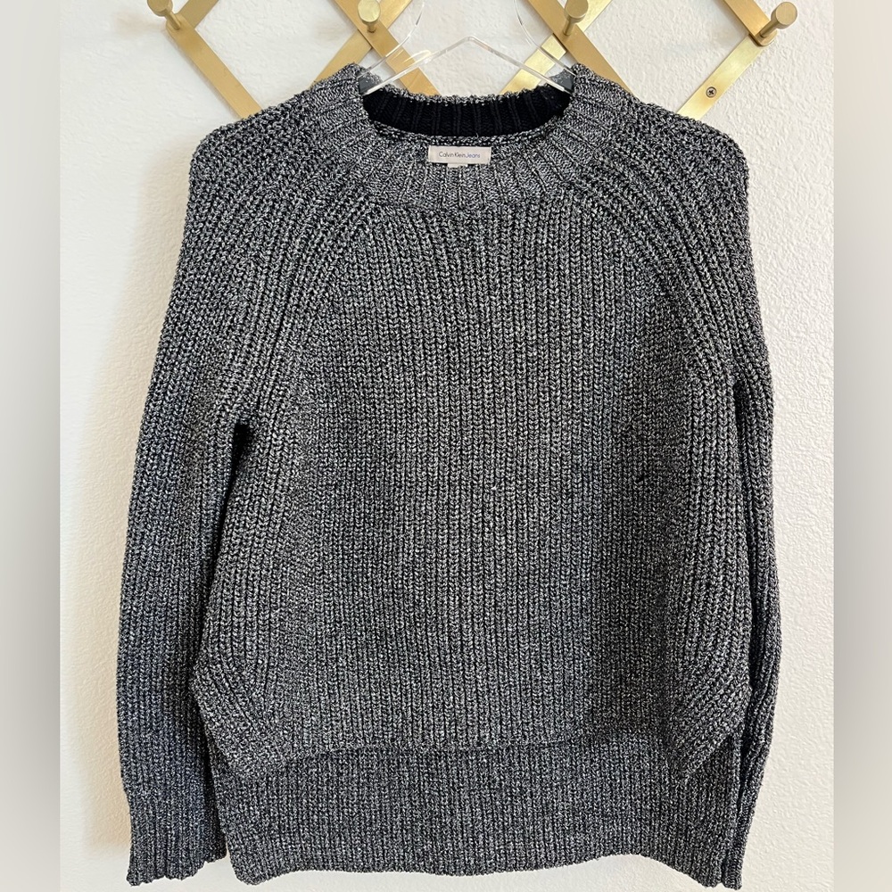 Calvin Klein Jeans Metallic Chunky Knit High Low Sweater Grey Silver XS
